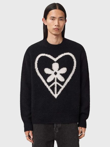 AllSaints Finden Wool Blend Floral Heart Crew Neck Jumper, Black