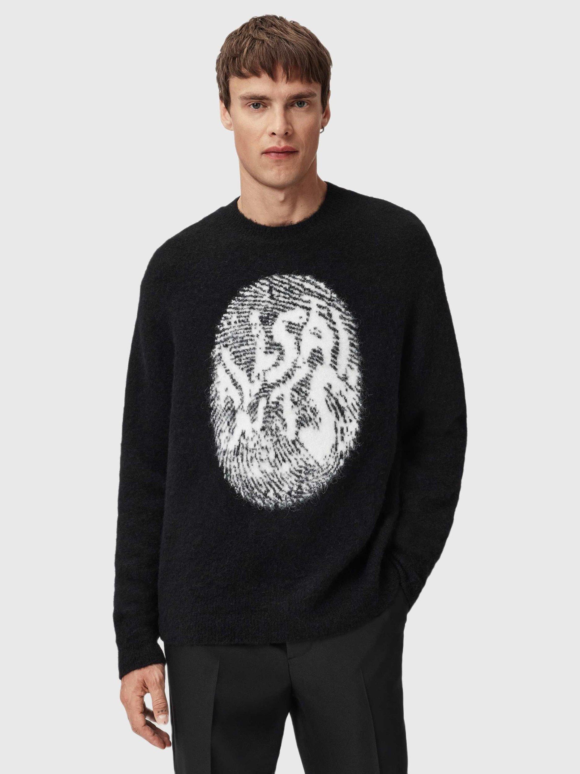 Product image 1 of 6, which shows AllSaints Ridges Crew Neck Jumper, Black/White, XS