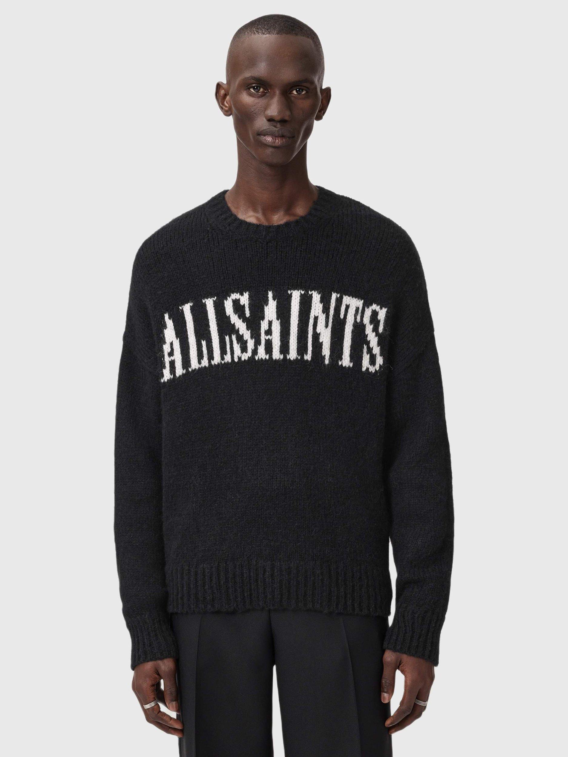 Product image 1 of 8, which shows AllSaints Stokes Wool Blend Iconic Logo Crew Neck Jumper, Black/White, L