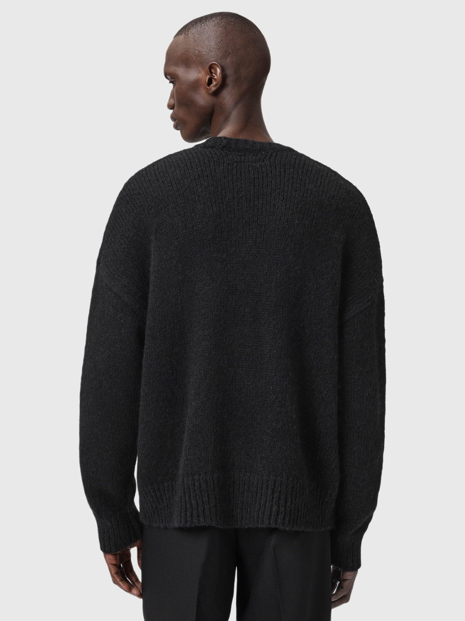 Product image 2 of 8, which shows AllSaints Stokes Wool Blend Iconic Logo Crew Neck Jumper, Black/White, L