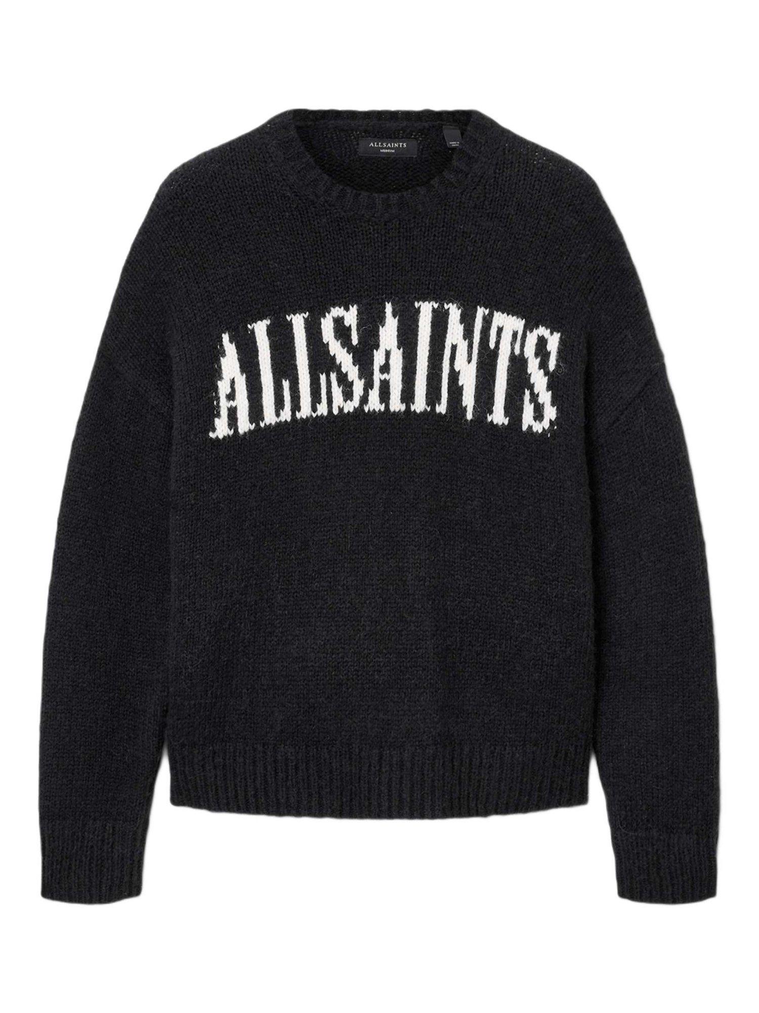 Product image 4 of 8, which shows AllSaints Stokes Wool Blend Iconic Logo Crew Neck Jumper, Black/White, L