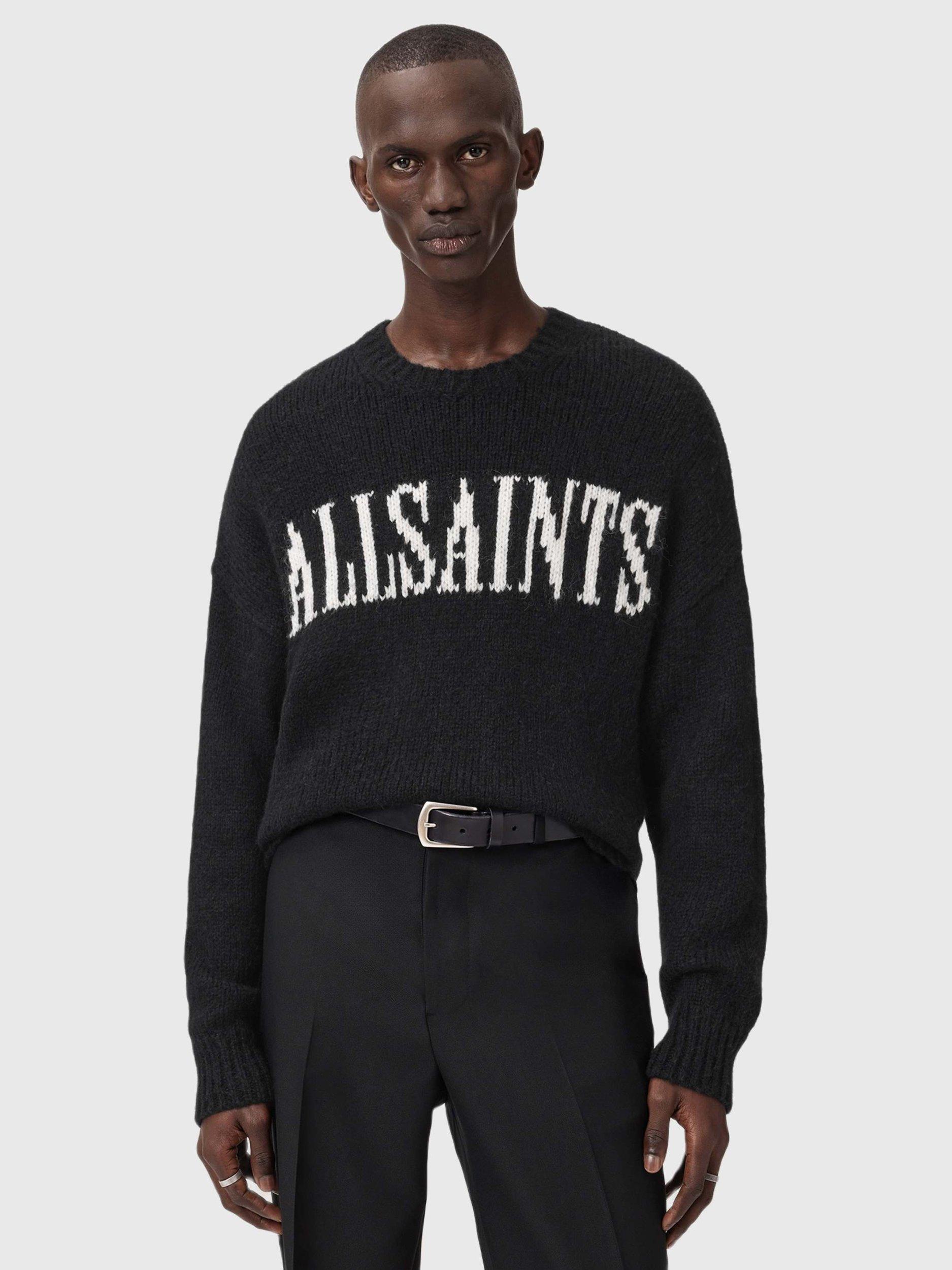 Product image 5 of 8, which shows AllSaints Stokes Wool Blend Iconic Logo Crew Neck Jumper, Black/White, L