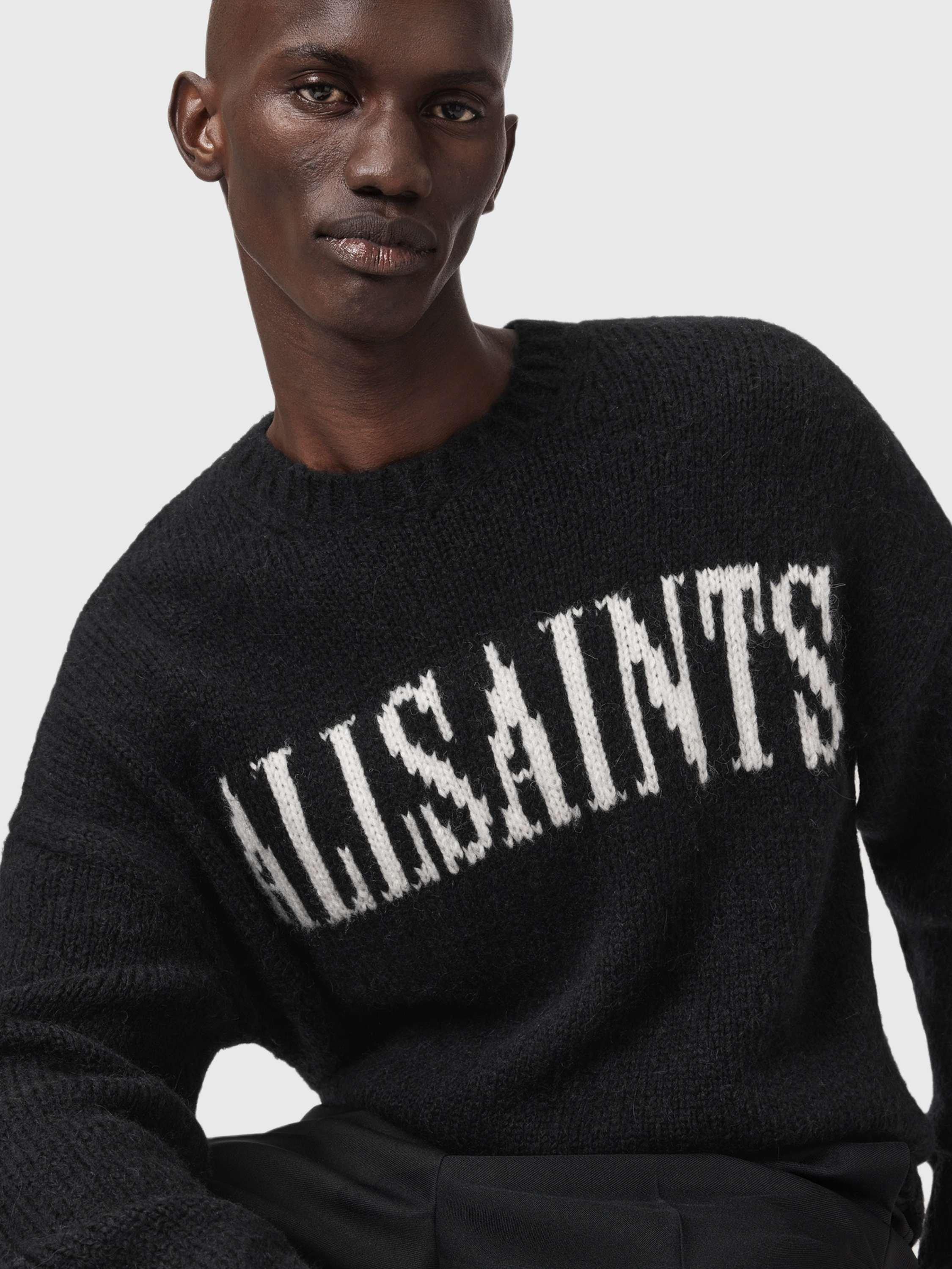 Product image 6 of 8, which shows AllSaints Stokes Wool Blend Iconic Logo Crew Neck Jumper, Black/White, L