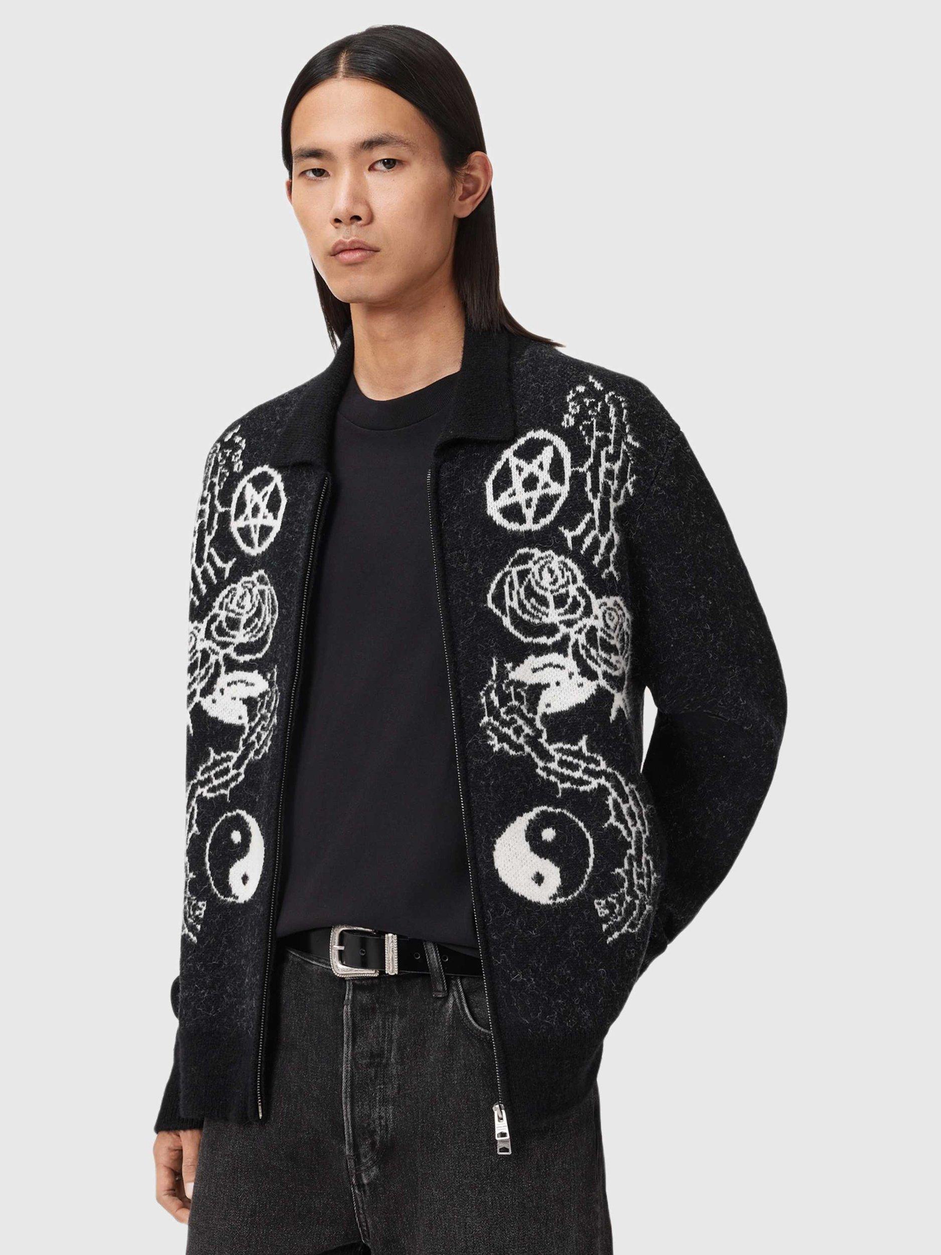 Product image 1 of 8, which shows AllSaints Warner Cotton Blend Graphic Collar Cardigan, Black/Multi, L
