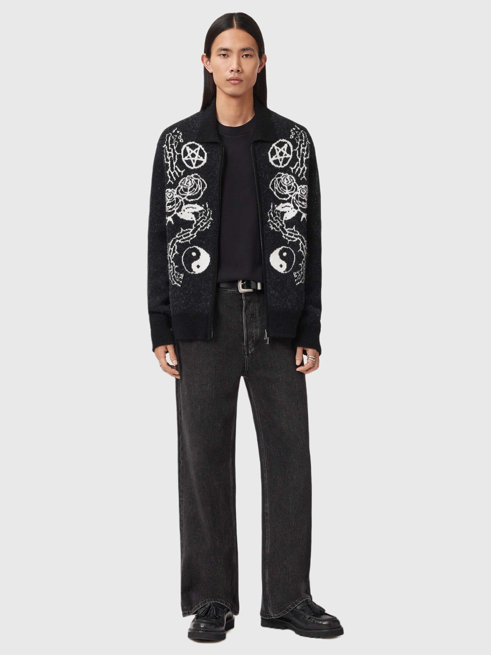 Product image 3 of 8, which shows AllSaints Warner Cotton Blend Graphic Collar Cardigan, Black/Multi, L