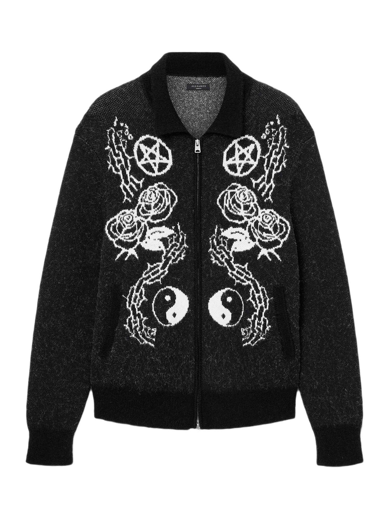 Product image 4 of 8, which shows AllSaints Warner Cotton Blend Graphic Collar Cardigan, Black/Multi, L