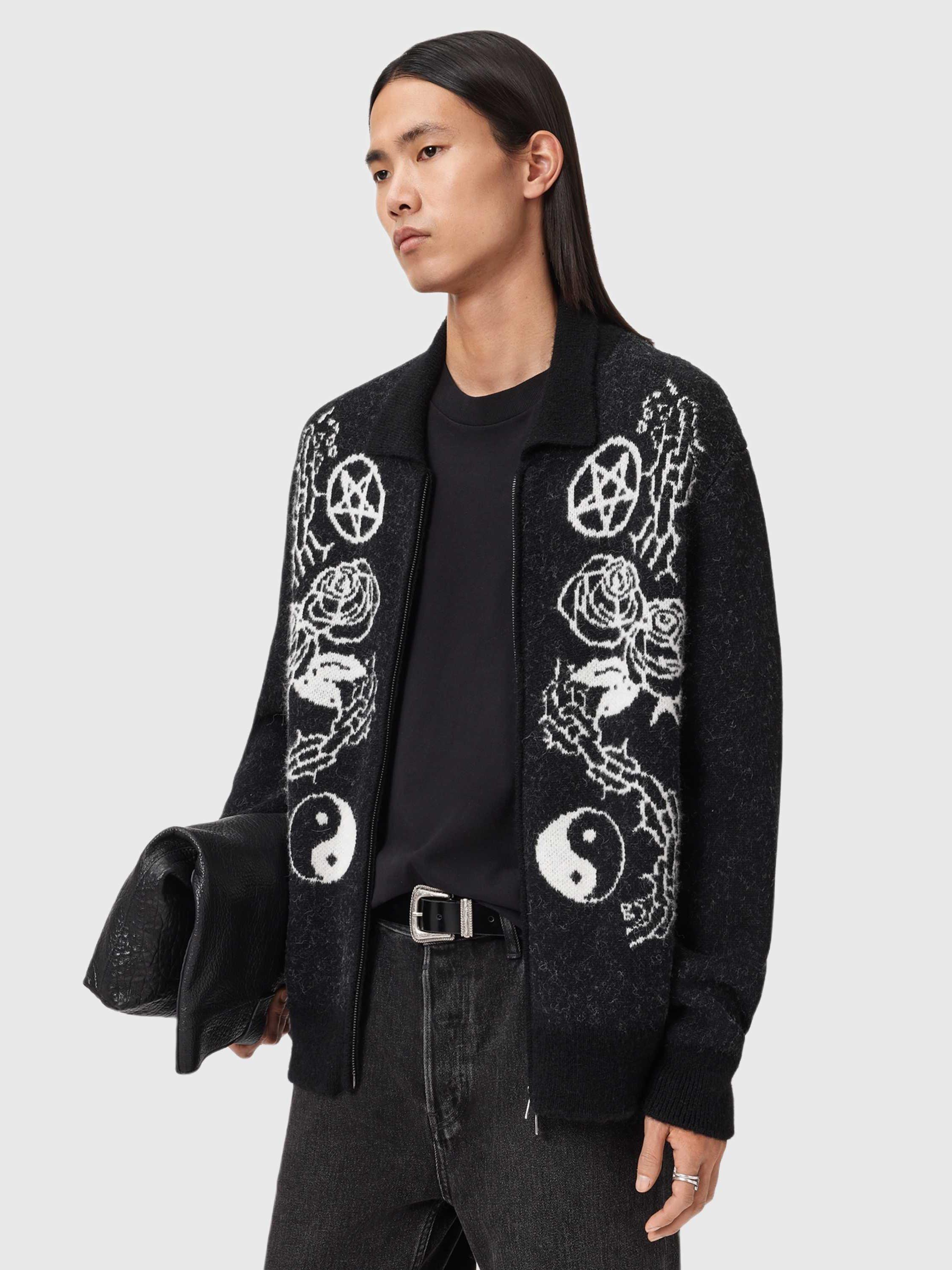 Product image 8 of 8, which shows AllSaints Warner Cotton Blend Graphic Collar Cardigan, Black/Multi, L