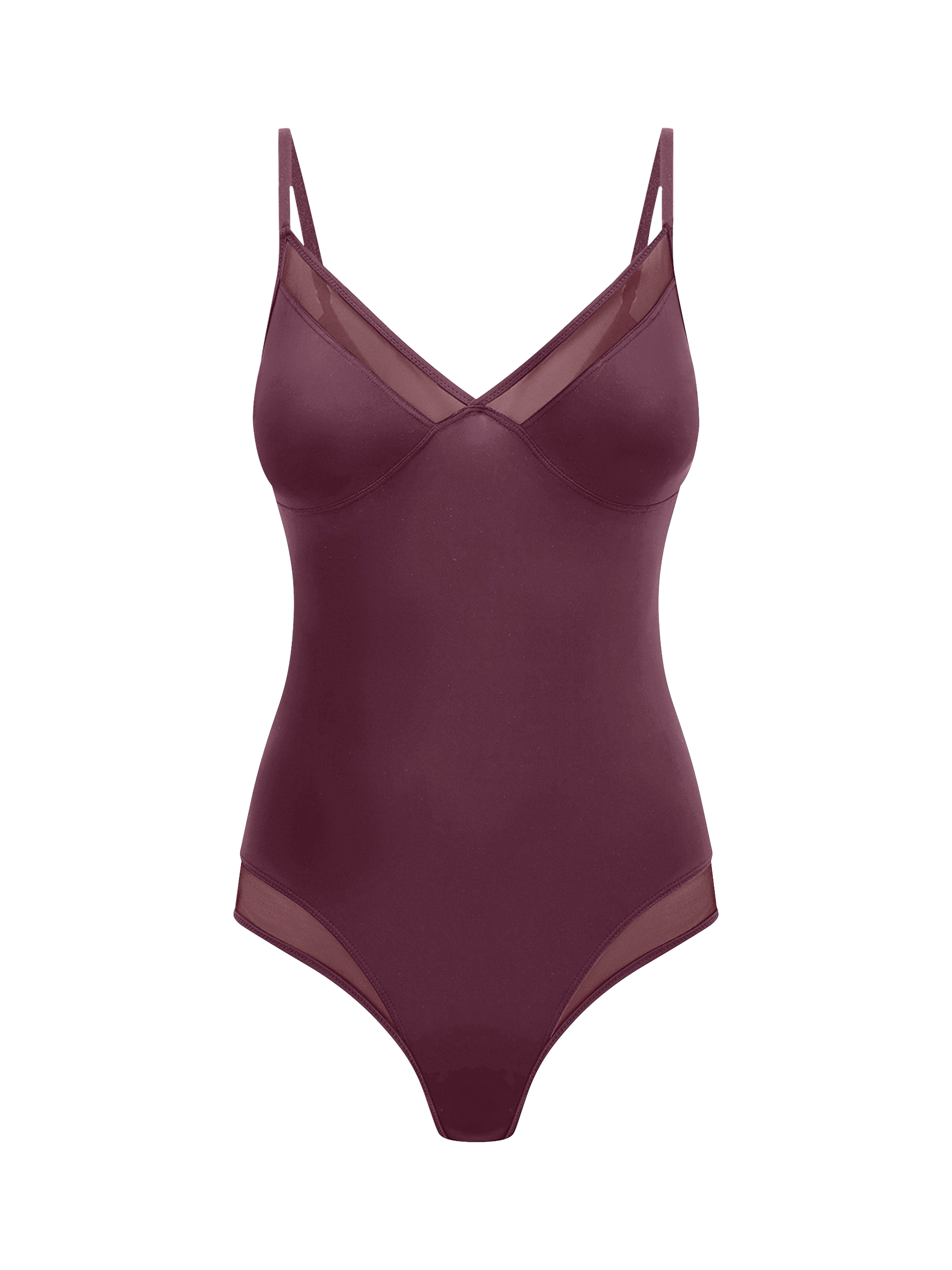 Product image 4 of 6, which shows Heist The Sheer Bodysuit, Burgundy, XS