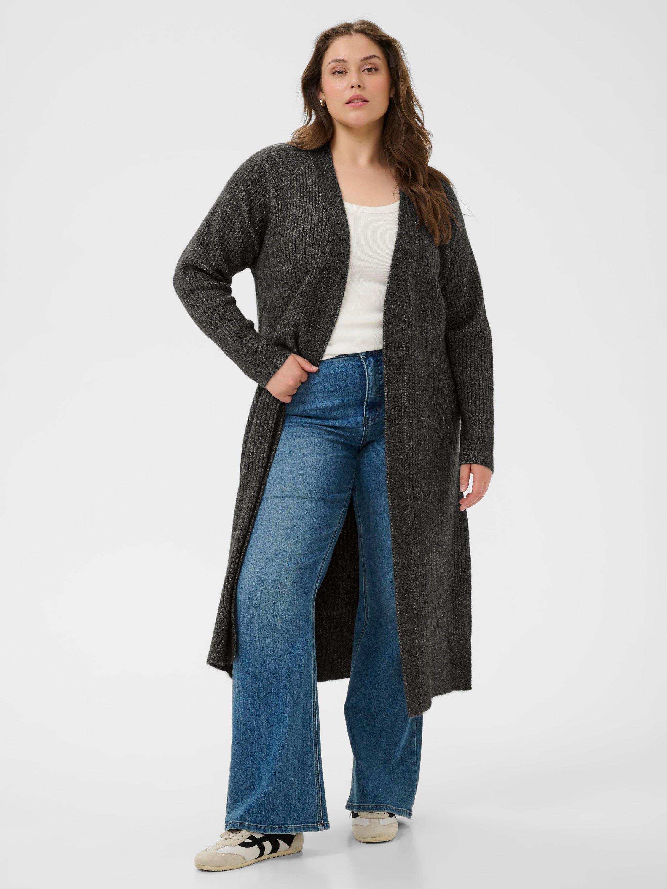 KAFFE Curve Rinye Open Neck Longline Cardigan, Dark Grey Melange
