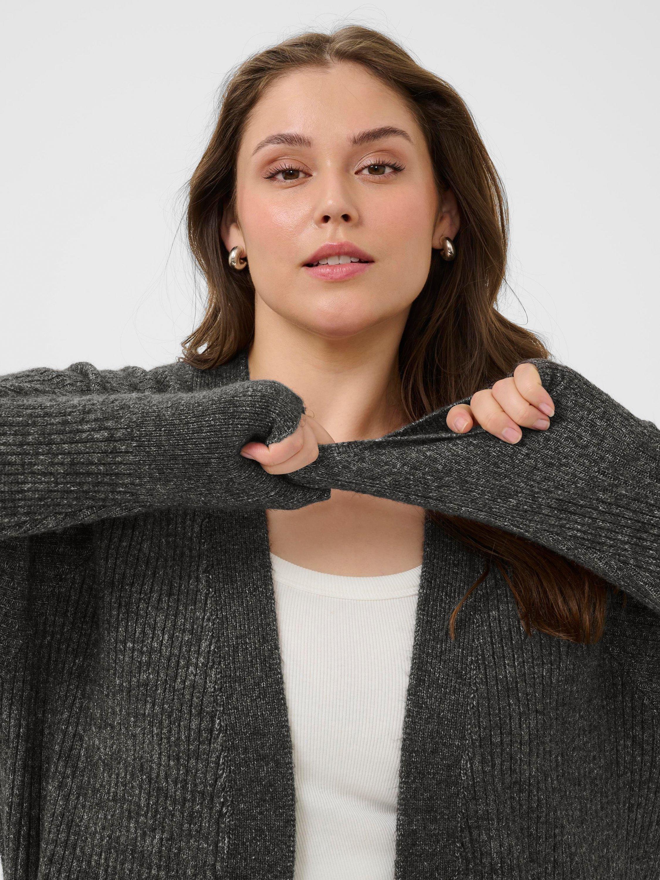 KAFFE Curve Rinye Open Neck Longline Cardigan, Dark Grey Melange