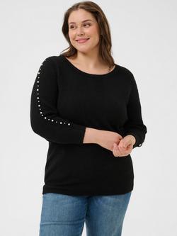 KAFFE Curve Letty Embellished Sleeve Jumper, Black Deep, Black Deep