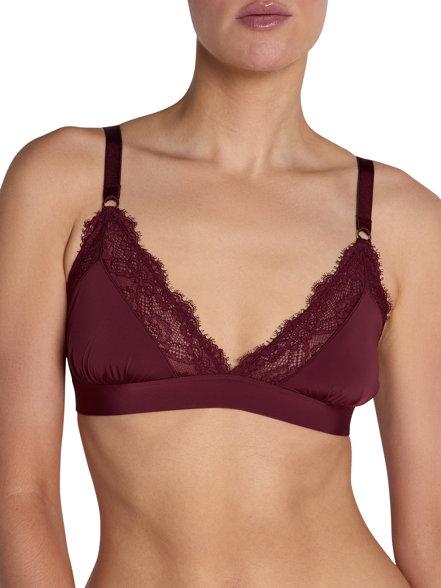 Product image 1 of 5, which shows Heist The Bridget Microfibre Lace Triangle Bralette, Dark Cherry, XS