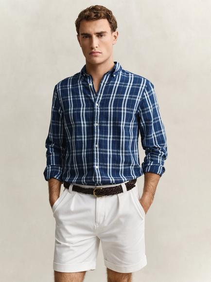 GANT Cotton Linen Blend Check Shirt, Light Indigo, Light Indigo