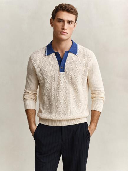 GANT Cotton Silk Blend Cable Knit Polo Sweater, Creamed White, Creamed White
