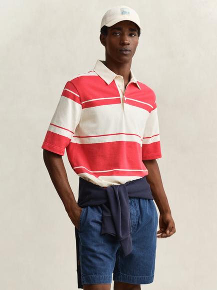 GANT Cotton Stripe Short Sleeve Rugby Top, Rose Red, Rose Red