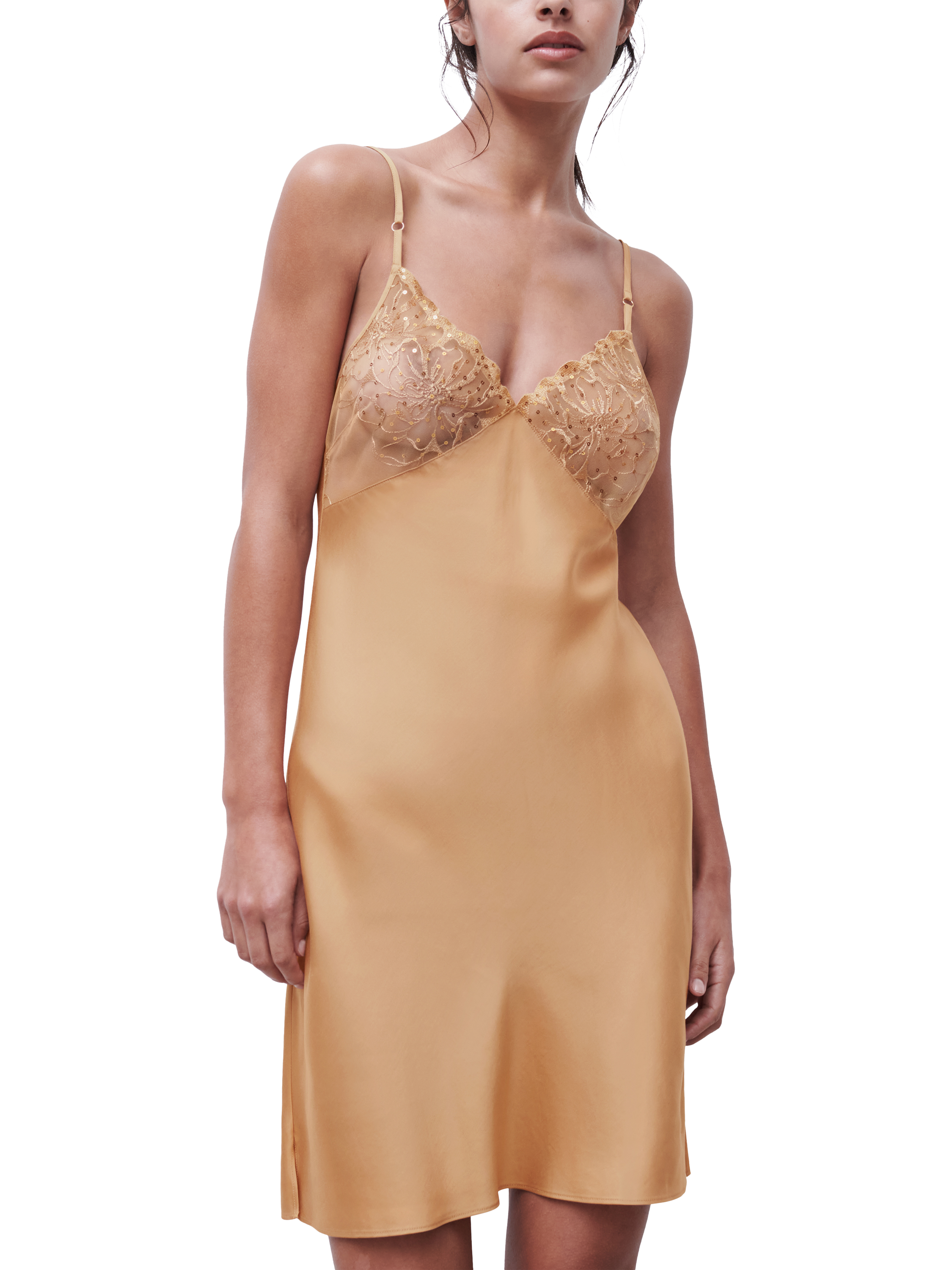 Product image 1 of 3, which shows Chantelle Fleurs Chemise, Toffee Sequins, XS