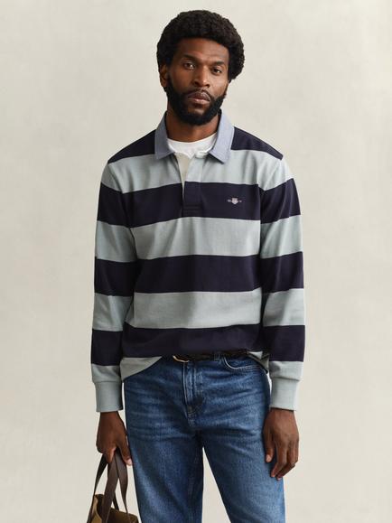 GANT Striped Cotton Rugby Shirt, Ceramic Grey, Ceramic Grey