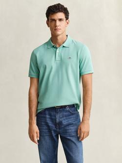 GANT Cotton Regular Fit Short Sleeve Pique Polo Shirt, Muted Turquoise, Muted Turquoise