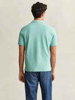 GANT Cotton Regular Fit Short Sleeve Pique Polo Shirt, Muted Turquoise - view 2, Muted Turquoise