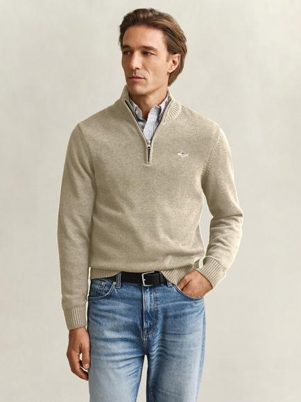 GANT Casual Half Zip Cotton Knit Jumper, Oat Melange, Oat Melange