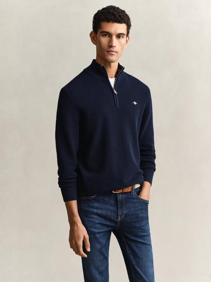 GANT Cotton Micro Texture Half-Zip Jumper, Evening Blue, Evening Blue