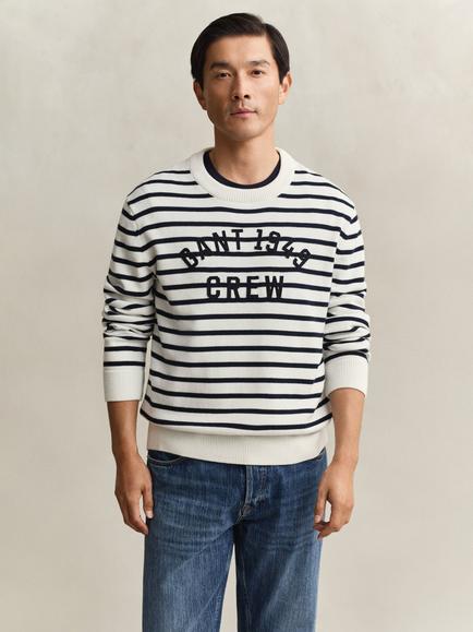 GANT Cotton Stripe Graphic Crew Neck Jumper, Eggshell, Eggshell