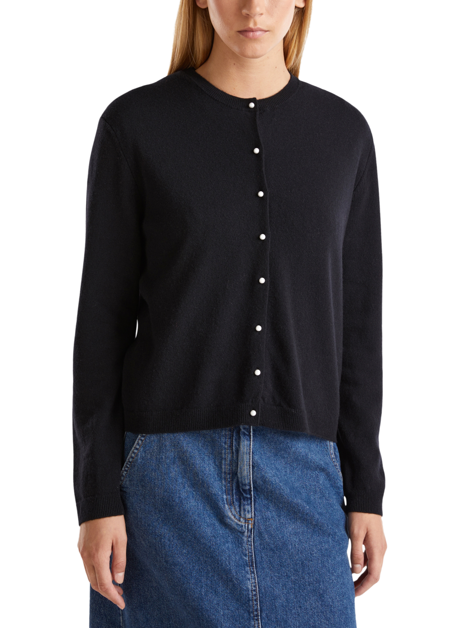 Product image 1 of 6, which shows Benetton Pure Wool Crew Neck Cardigan, Black, S