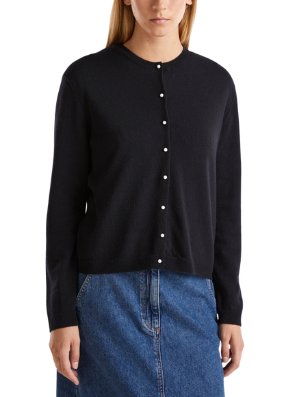 Benetton Pure Wool Crew Neck Cardigan, Black