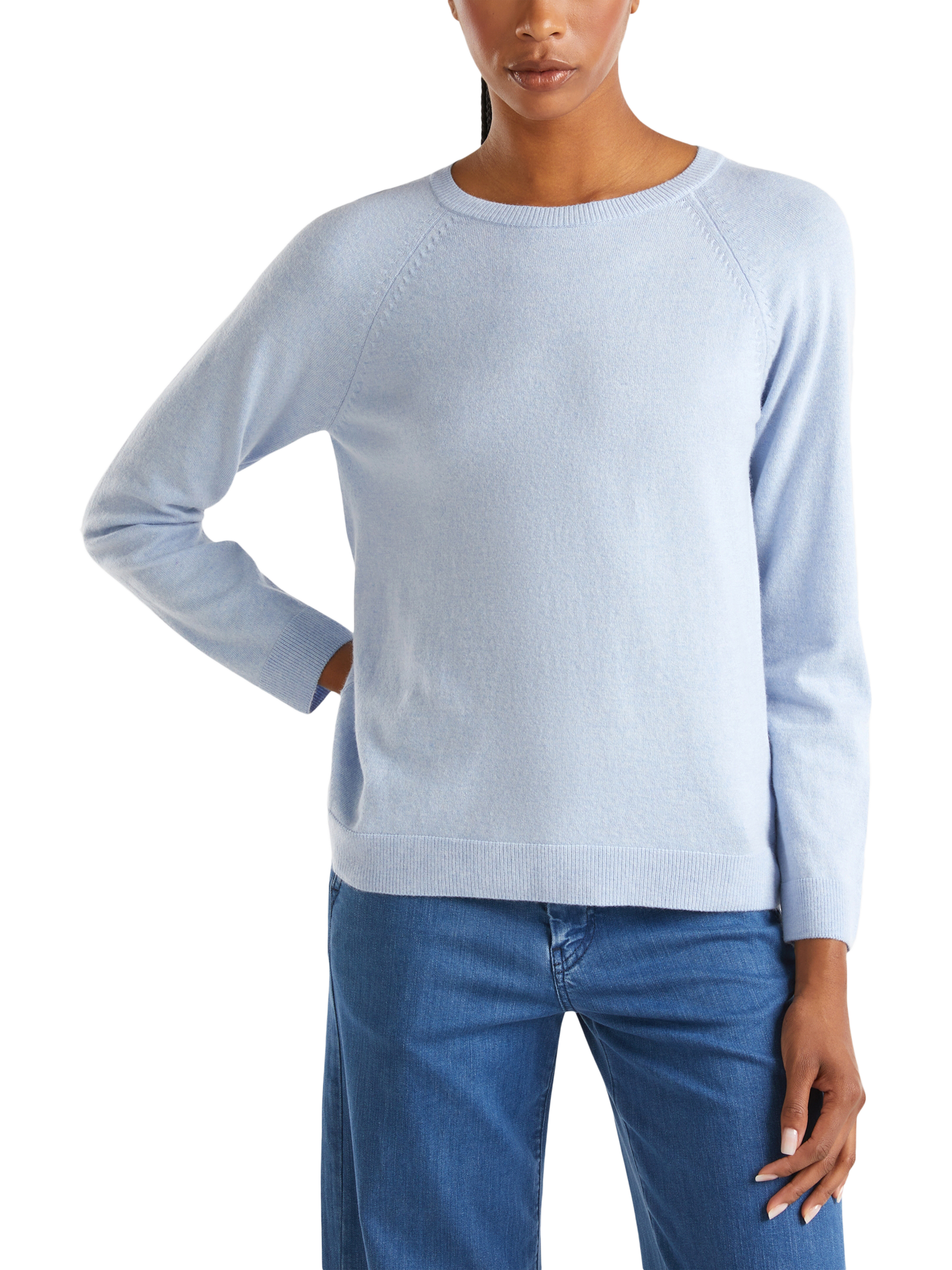Product image 1 of 6, which shows Benetton Crew Neck Knit Jumper with Wool & Cashmere, Blue, XS