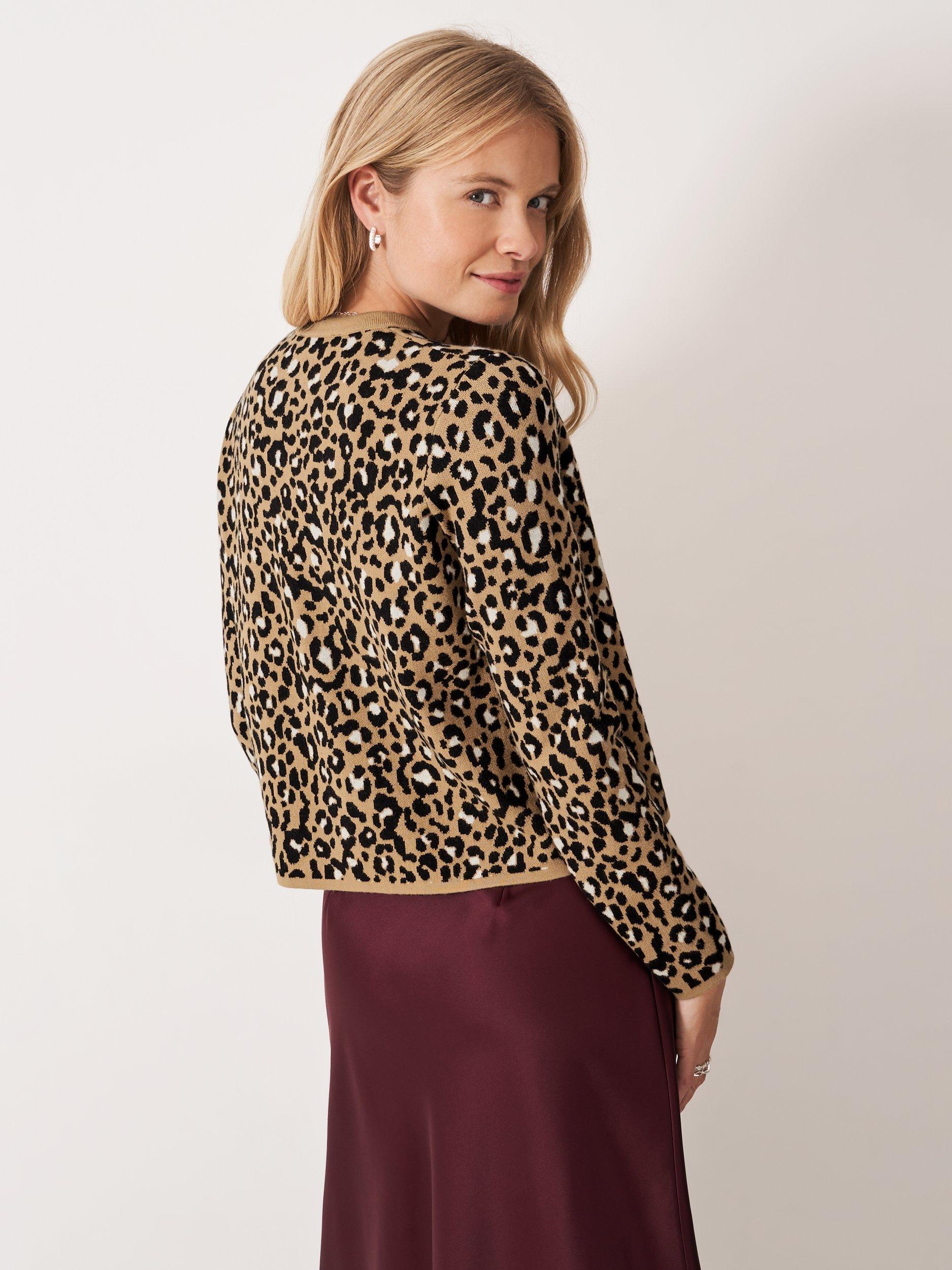 Product image 2 of 5, which shows Crew Clothing Leopard Print Crew Neck Cardigan, Multi Brown, 10