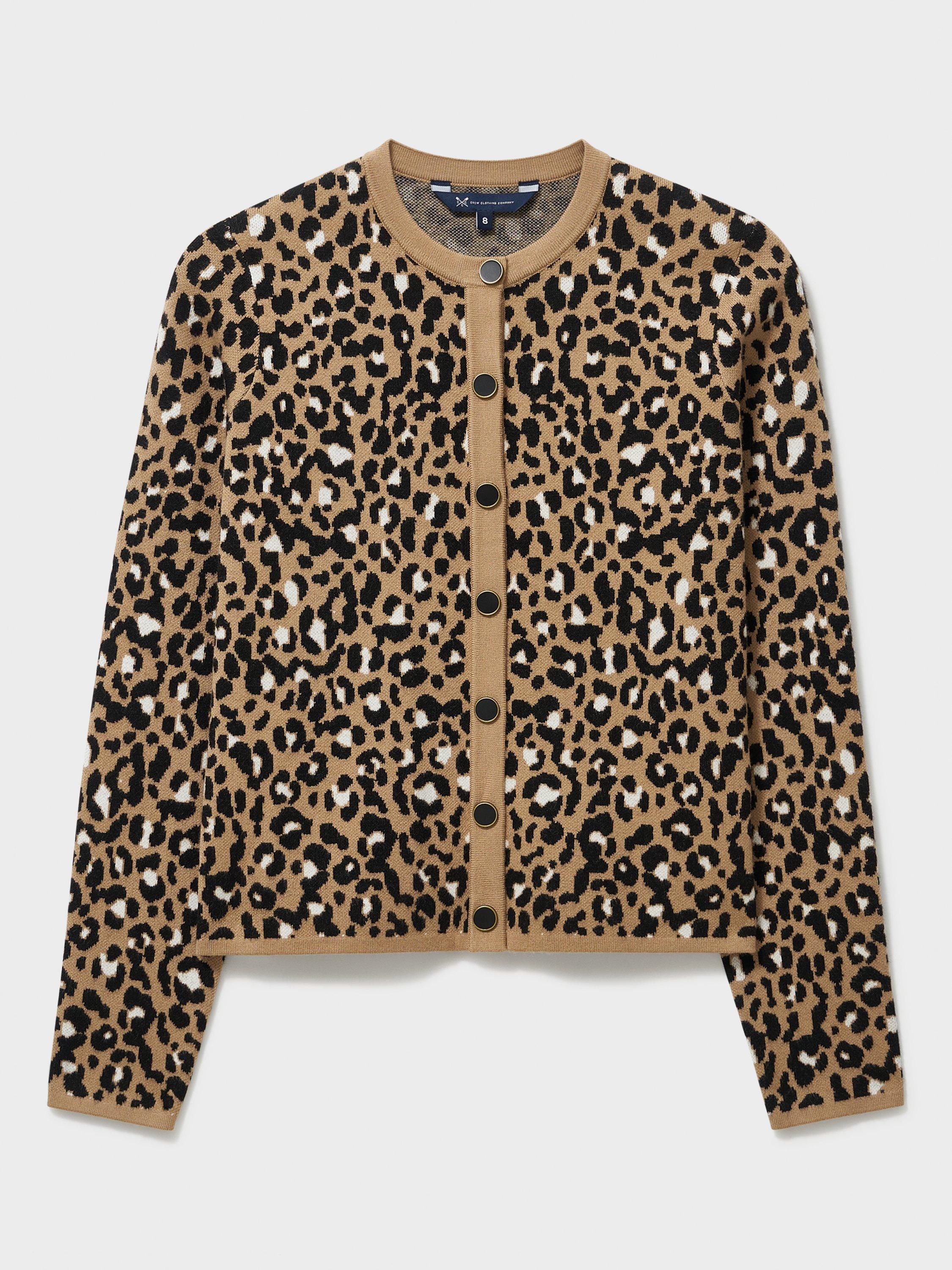Product image 5 of 5, which shows Crew Clothing Leopard Print Crew Neck Cardigan, Multi Brown, 10