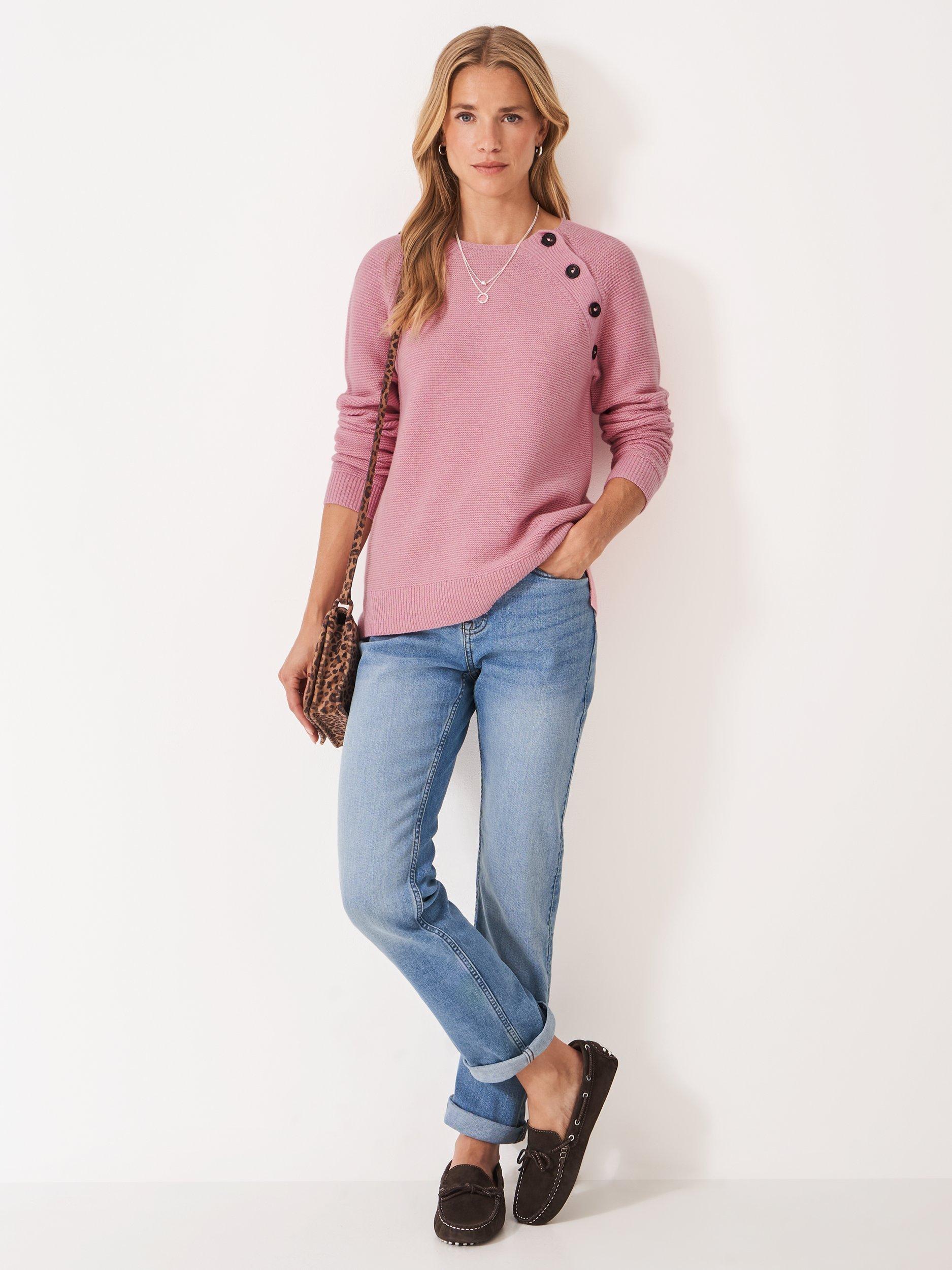 Product image 3 of 5, which shows Crew Clothing Harmony Button Neck Jumper , Pastel Pink, 8