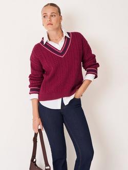 Crew Clothing Oversized V-Neck Textured Cricket Jumper, Red Wine