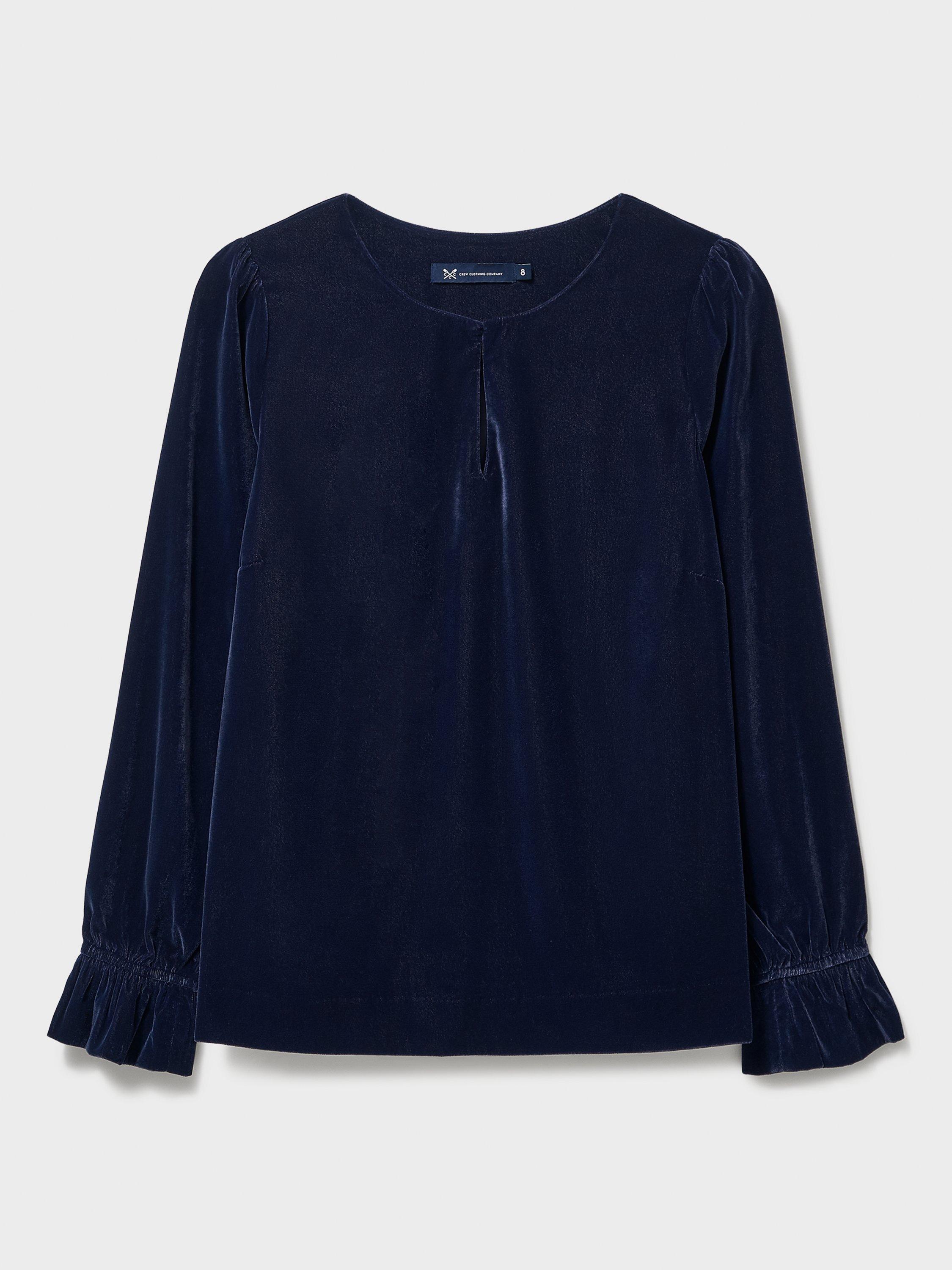 Product image 5 of 5, which shows Crew Clothing Annalee Round Neck Velvet Blouse, Navy Blue, 10