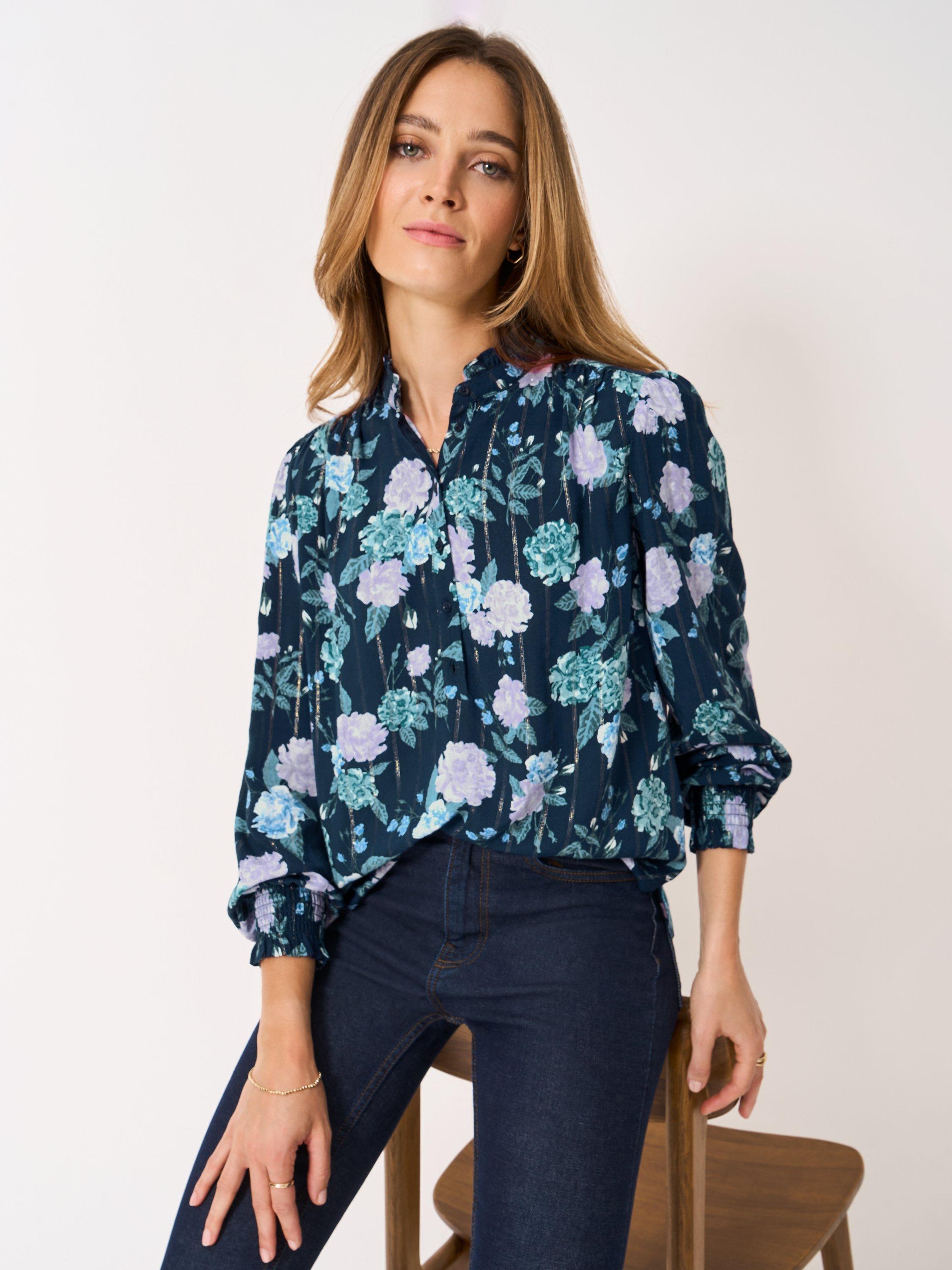 Product image 1 of 5, which shows Crew Clothing Bella Lurex Floral Print Button Blouse , Navy/Multi, 10