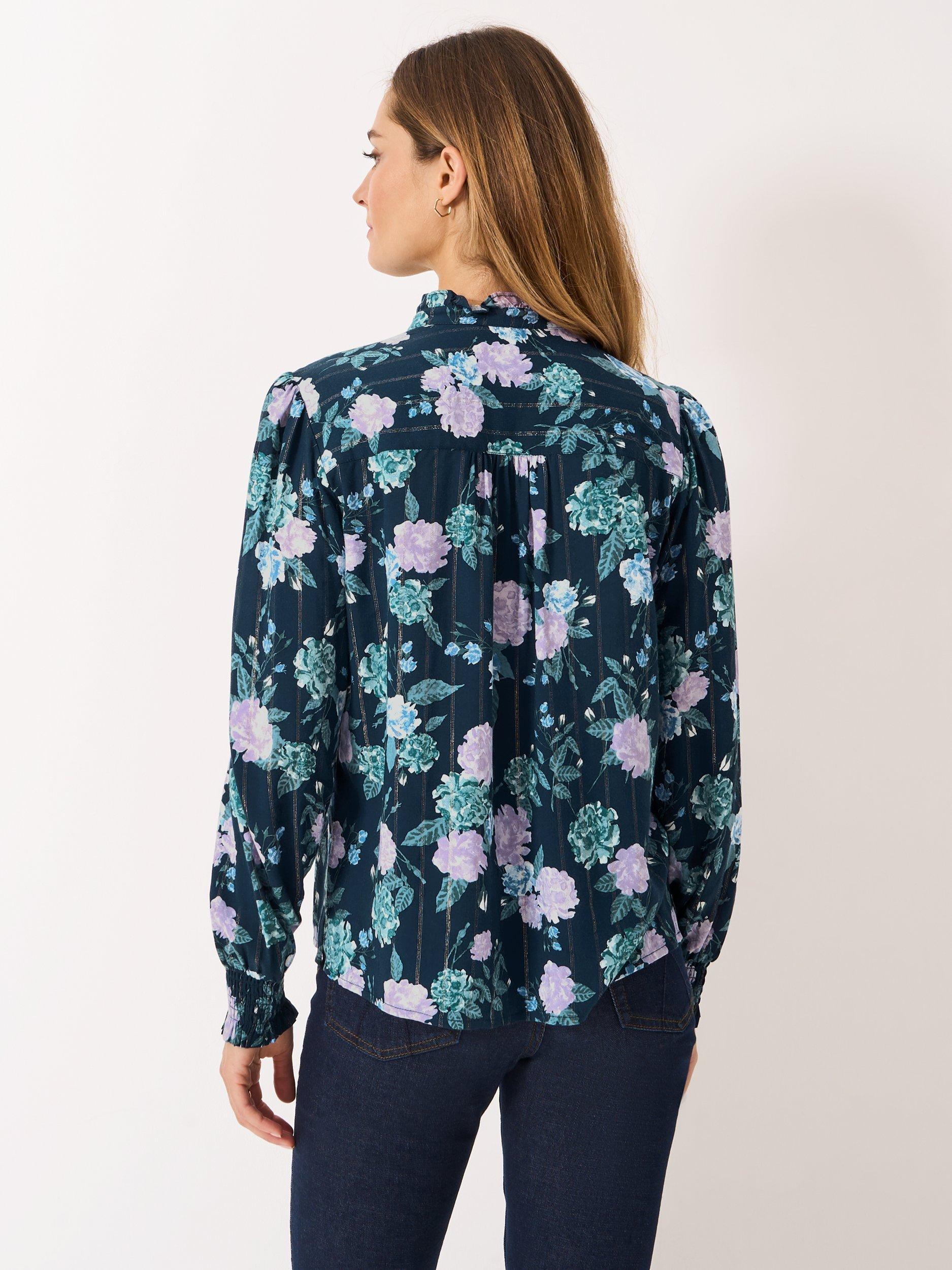 Product image 2 of 5, which shows Crew Clothing Bella Lurex Floral Print Button Blouse , Navy/Multi, 10
