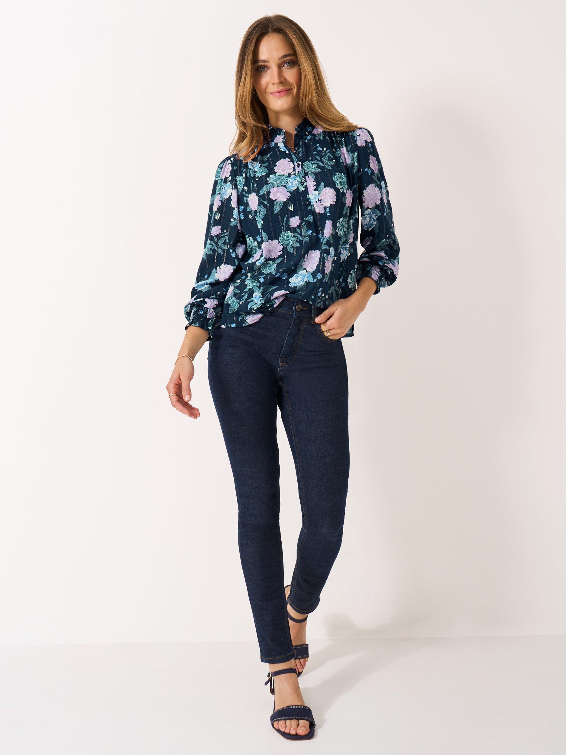 Product image 3 of 5, which shows Crew Clothing Bella Lurex Floral Print Button Blouse , Navy/Multi, 10