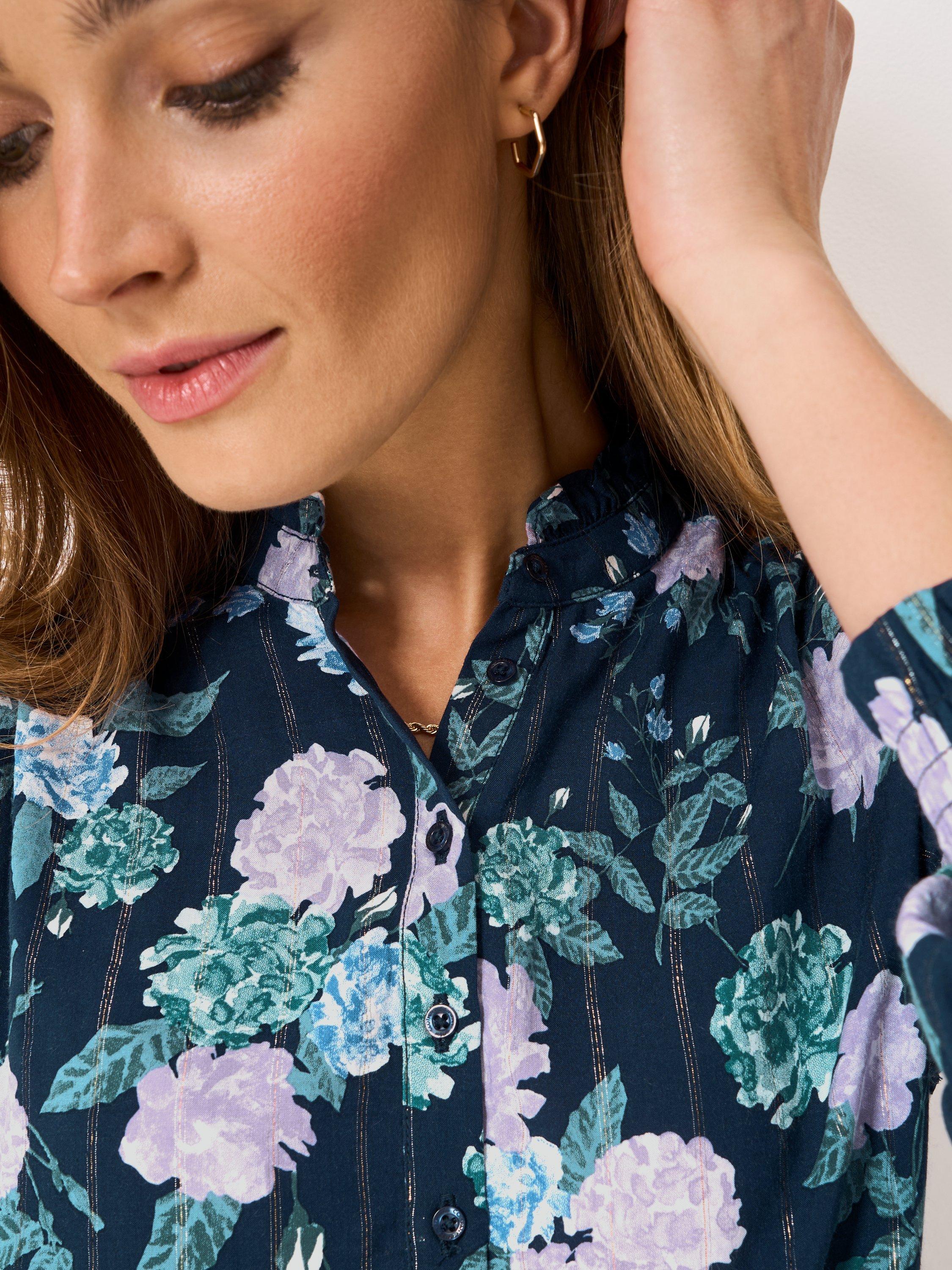 Product image 4 of 5, which shows Crew Clothing Bella Lurex Floral Print Button Blouse , Navy/Multi, 10