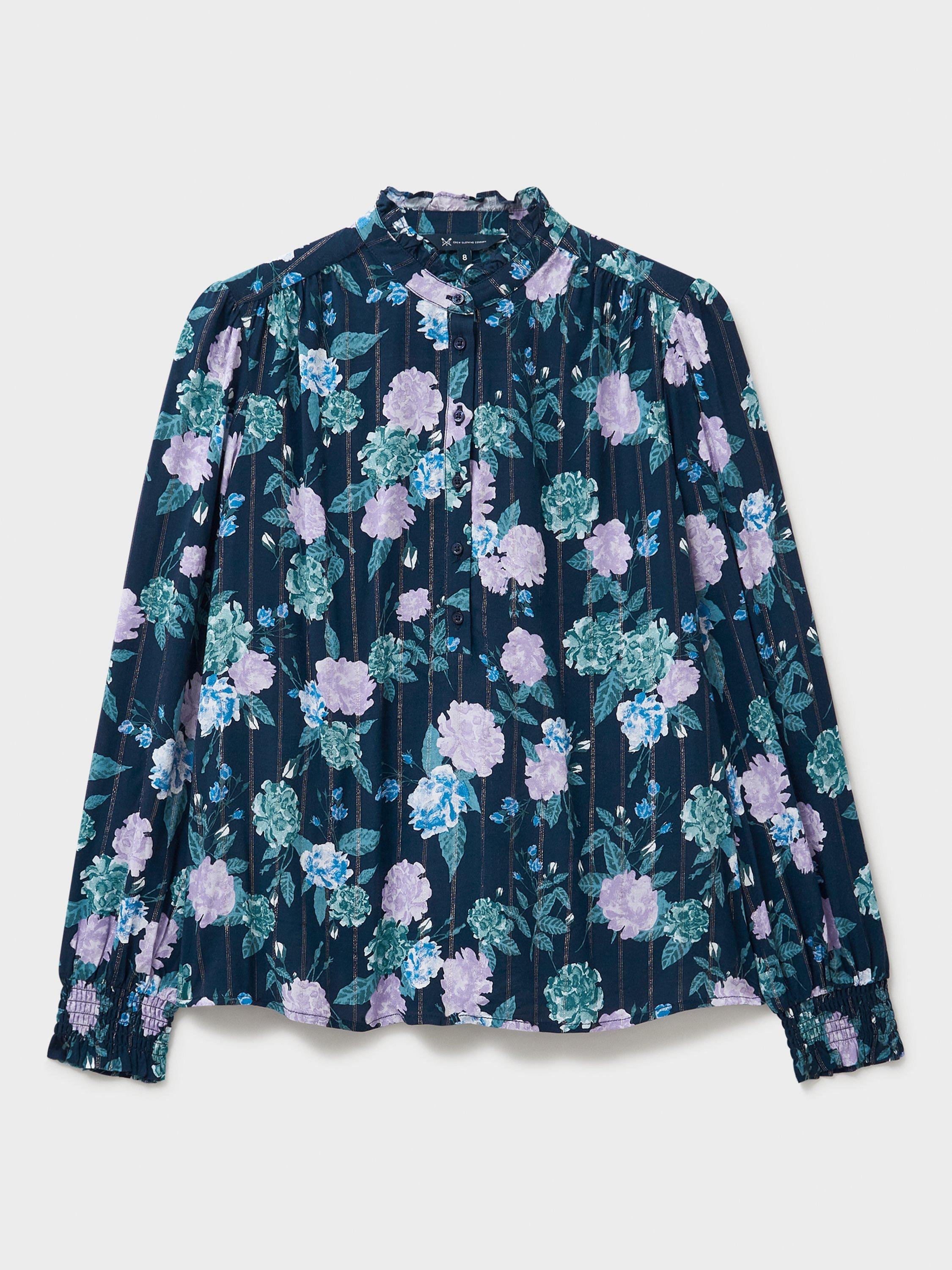 Product image 5 of 5, which shows Crew Clothing Bella Lurex Floral Print Button Blouse , Navy/Multi, 10