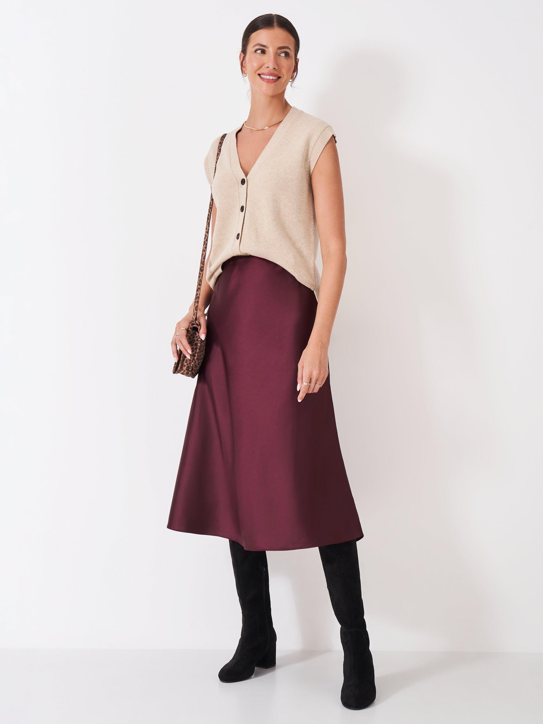 Product image 1 of 5, which shows Crew Clothing Satin Midi Slip Skirt, Red Wine, 10