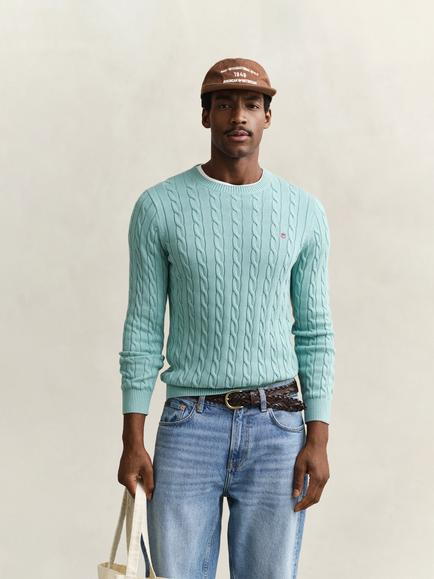 GANT Cotton Cable Knit Crew Neck Jumper, Muted Turquoise, Muted Turquoise