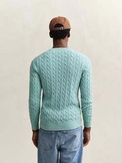 GANT Cotton Cable Knit Crew Neck Jumper, Muted Turquoise - view 2, Muted Turquoise