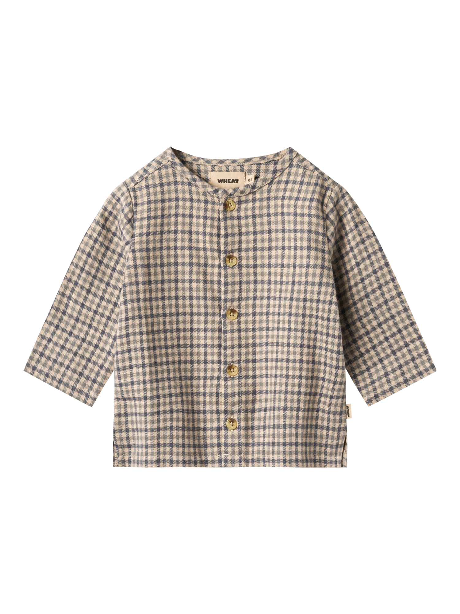 Product image 1 of 2, which shows WHEAT Baby Cotton Long Sleeved Checked Shirt, Blue/Multi, 3 months