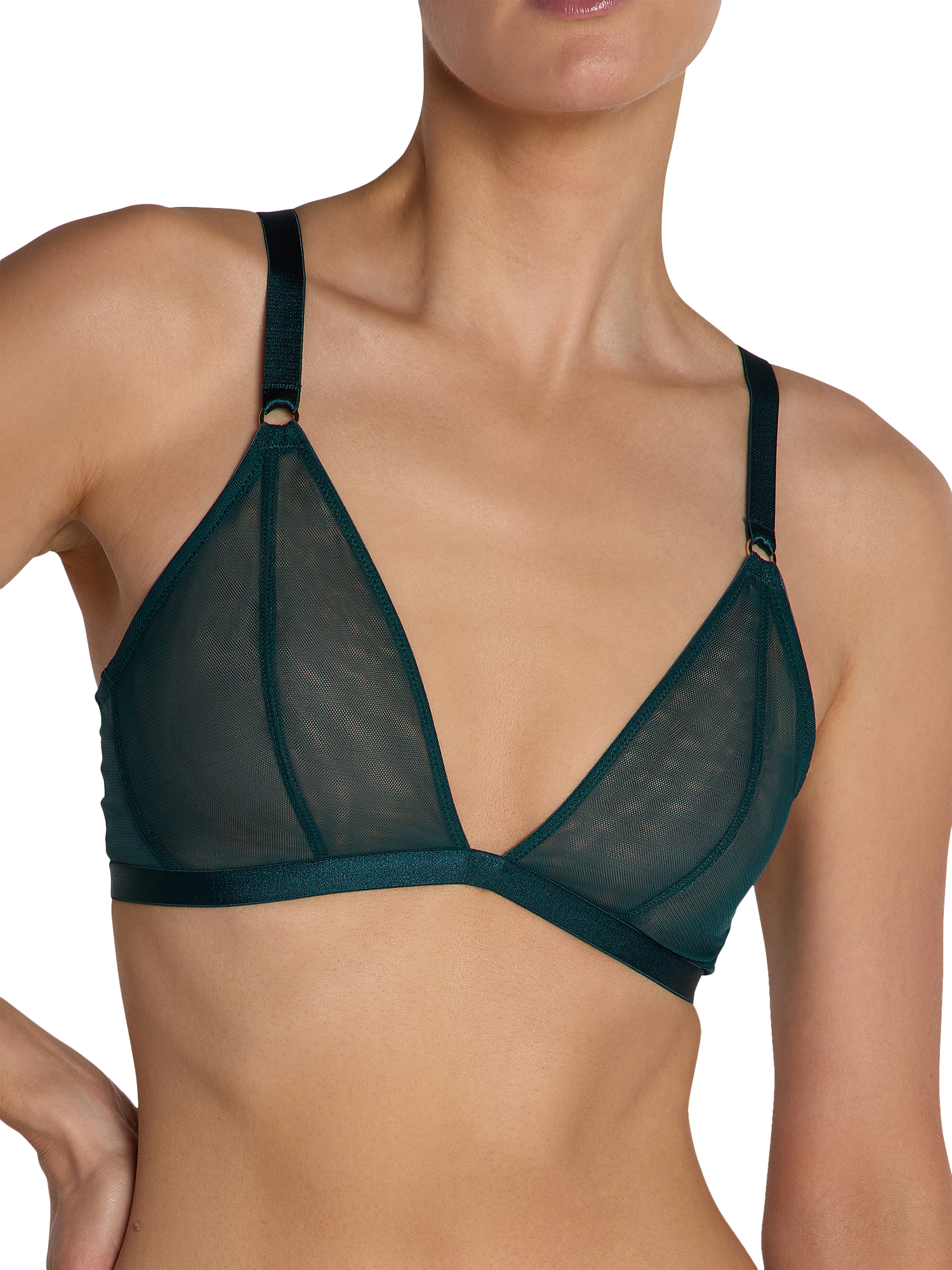 Product image 1 of 4, which shows Heist The Anna Sheer Mesh Triangle Bralette, Dark Teal, XS