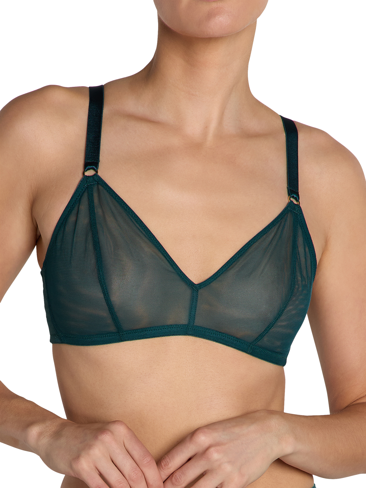 Product image 1 of 4, which shows Heist The Anna Sheer Mesh V-Neck Bralette, Dark Teal, XS