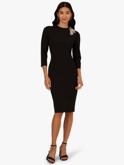 Adrianna Papell Three Quarter Sleeves High Neck Midi Sheath Dress, Black/Multi