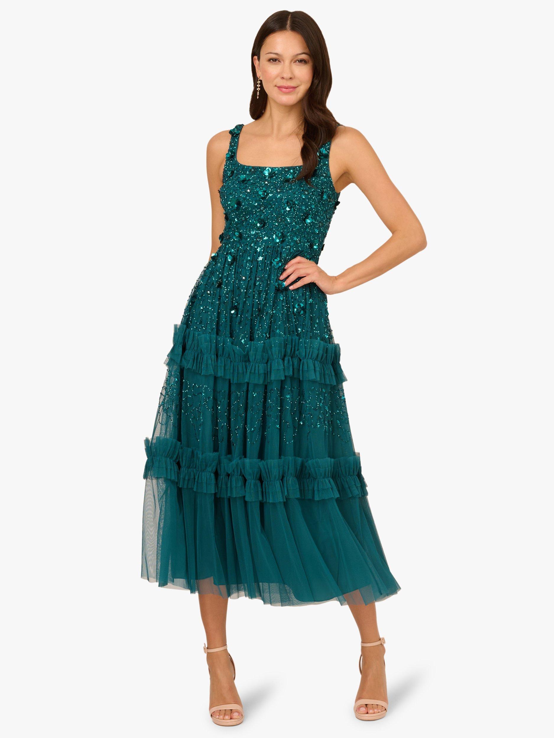 Product image 1 of 6, which shows Adrianna Papell Beaded Mesh Ruffle Midi Dress, Deep Azure, 6