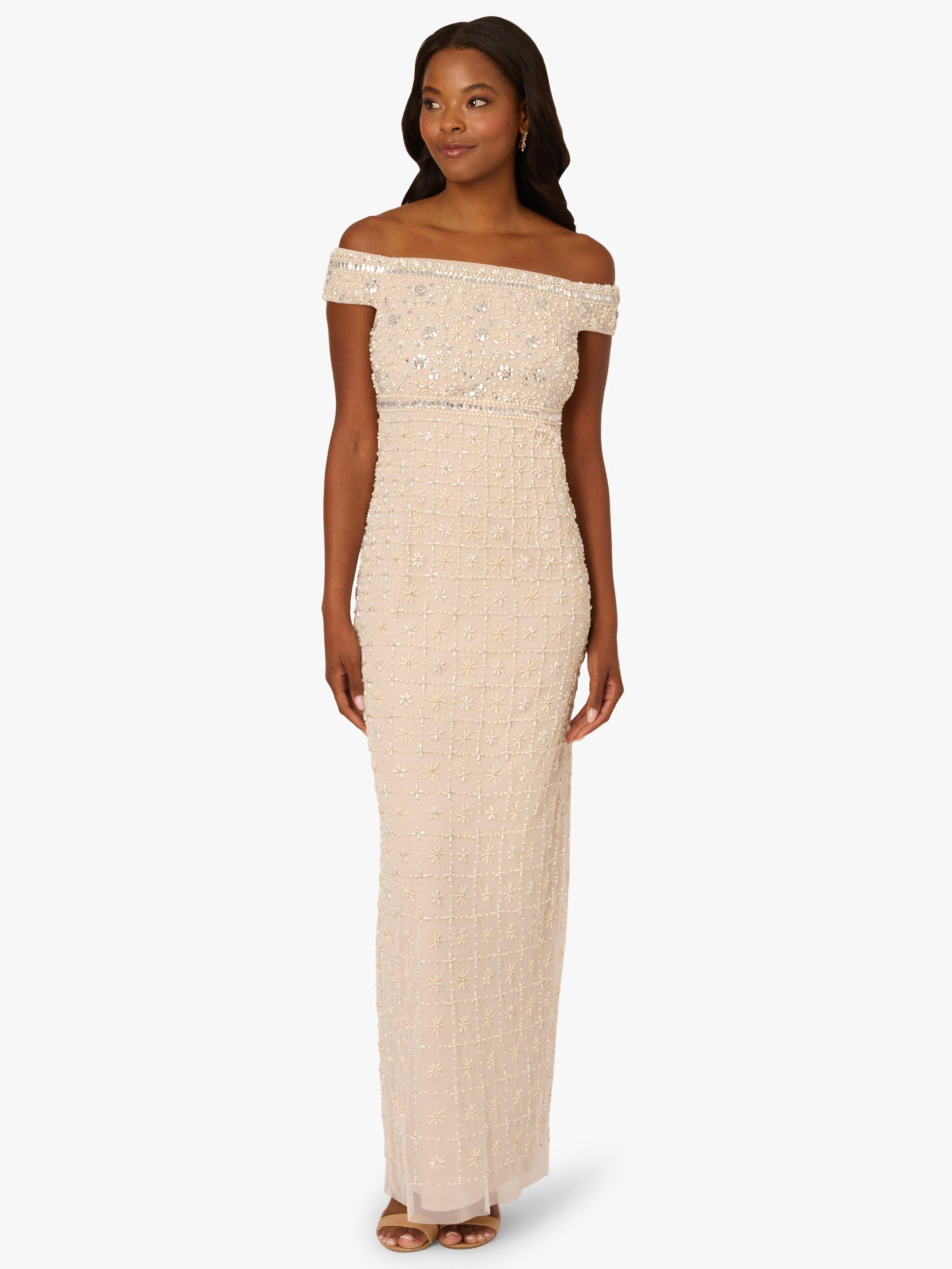 Adrianna Papell Beaded Pearl Off Shoulder Dress, Ivory