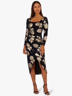 Adrianna Papell Metallic Knit Floral Dress, Navy/Gold, Navy/Gold