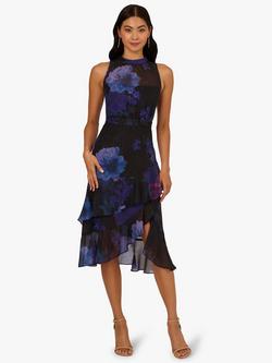 Adrianna Papell Floral Glitter Halterneck Dress, Black/Multi, Black/Multi